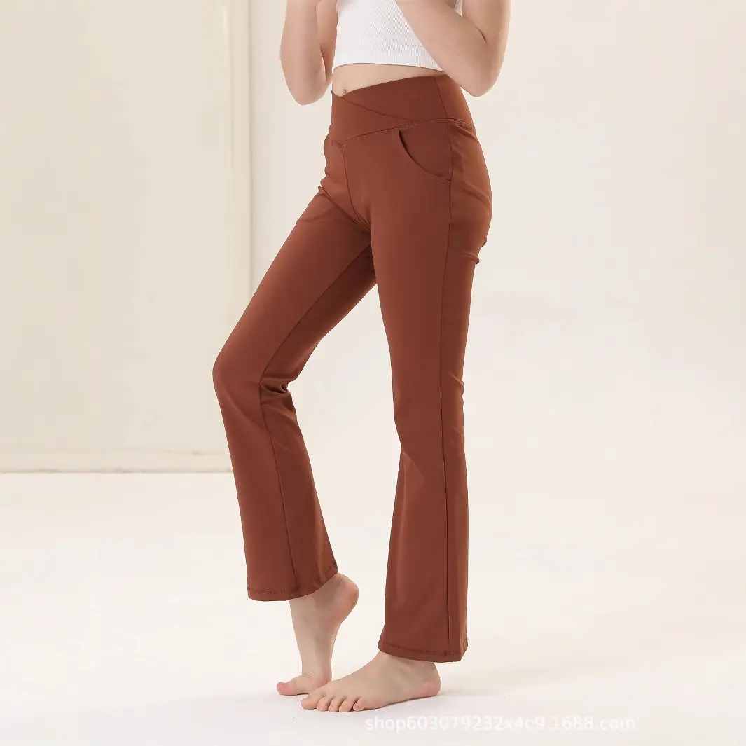 Girls V-Neck Flared Yoga Pants High Waist Sports Leggings Brown — feature 18