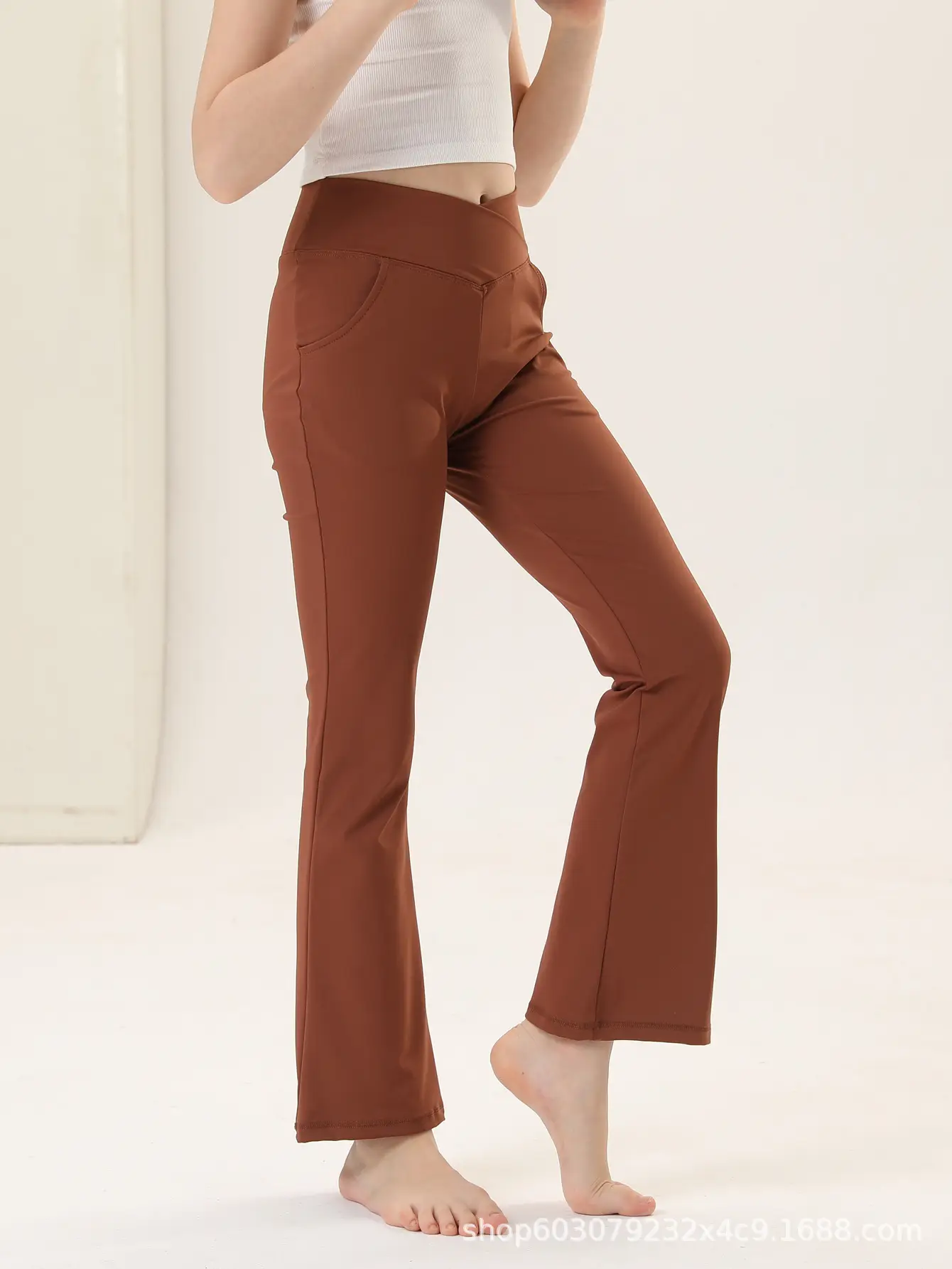 Girls V-Neck Flared Yoga Pants High Waist Sports Leggings Brown — feature 19