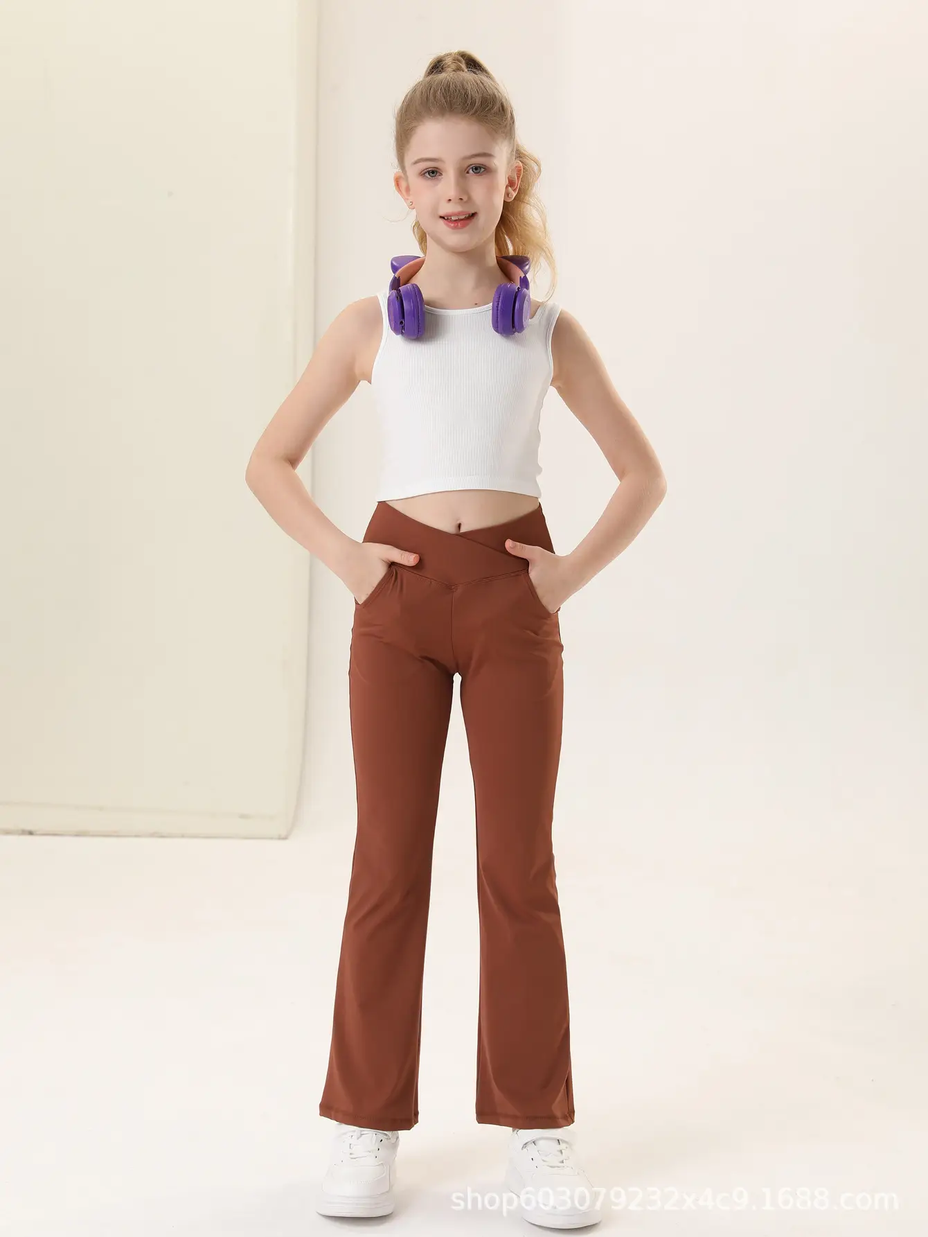 Girls V-Neck Flared Yoga Pants High Waist Sports Leggings Brown — feature 20
