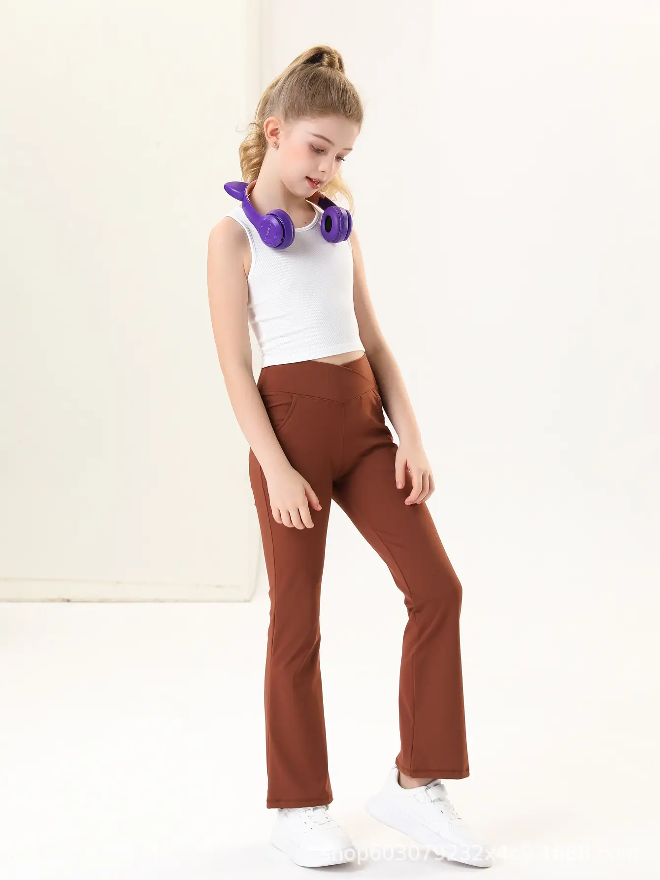 Girls V-Neck Flared Yoga Pants High Waist Sports Leggings Brown — feature 22