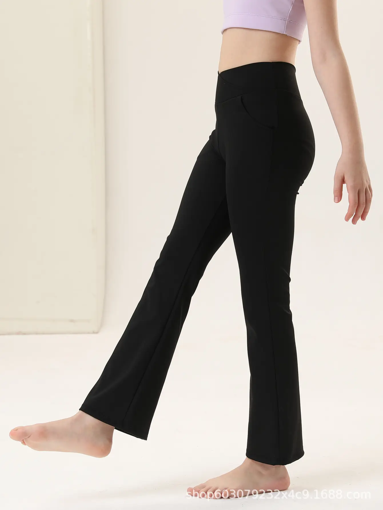 Girls V-Neck Flared Yoga Pants High Waist Sports Leggings Brown — feature 3