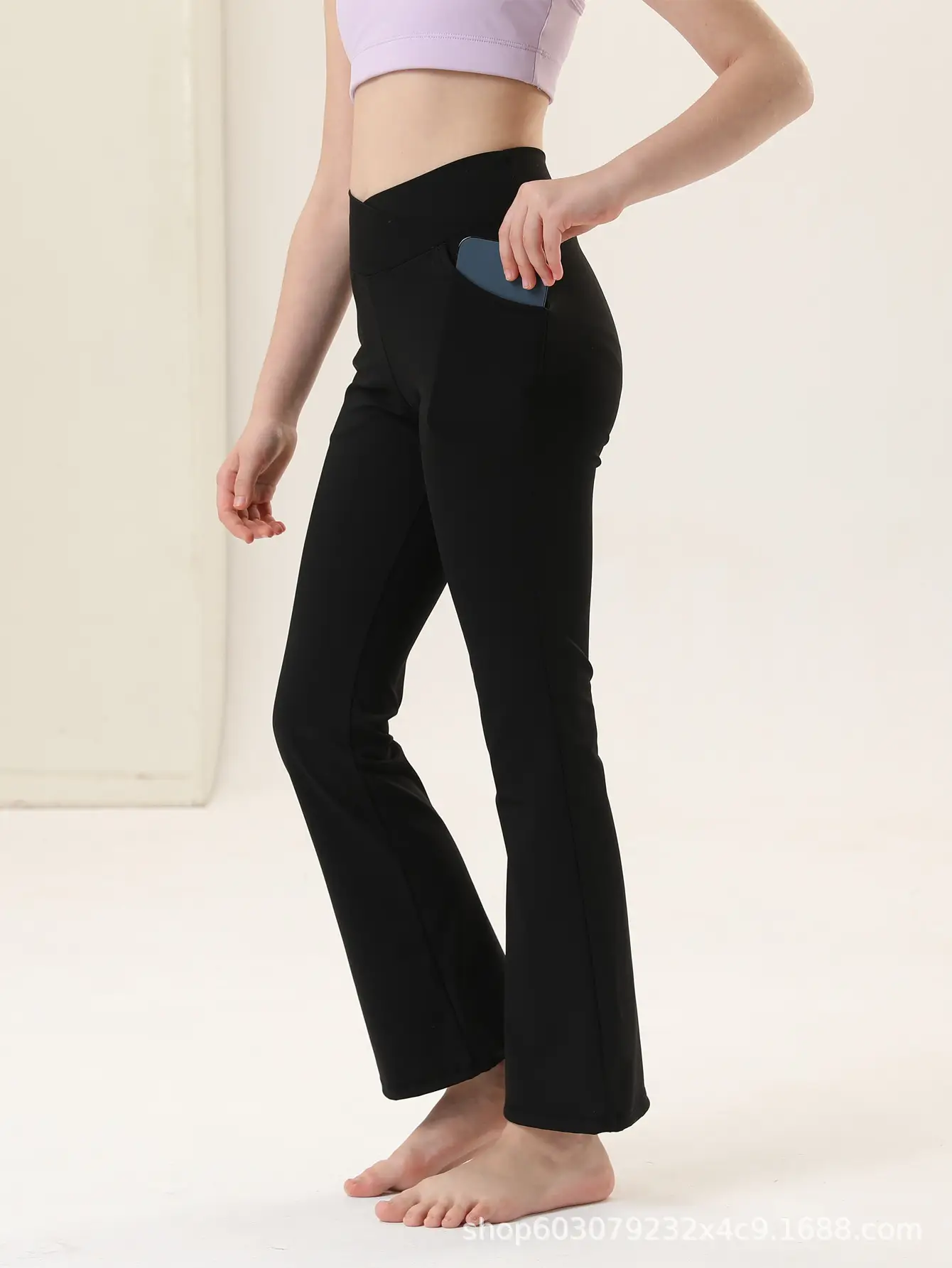 Girls V-Neck Flared Yoga Pants High Waist Sports Leggings Brown — feature 4