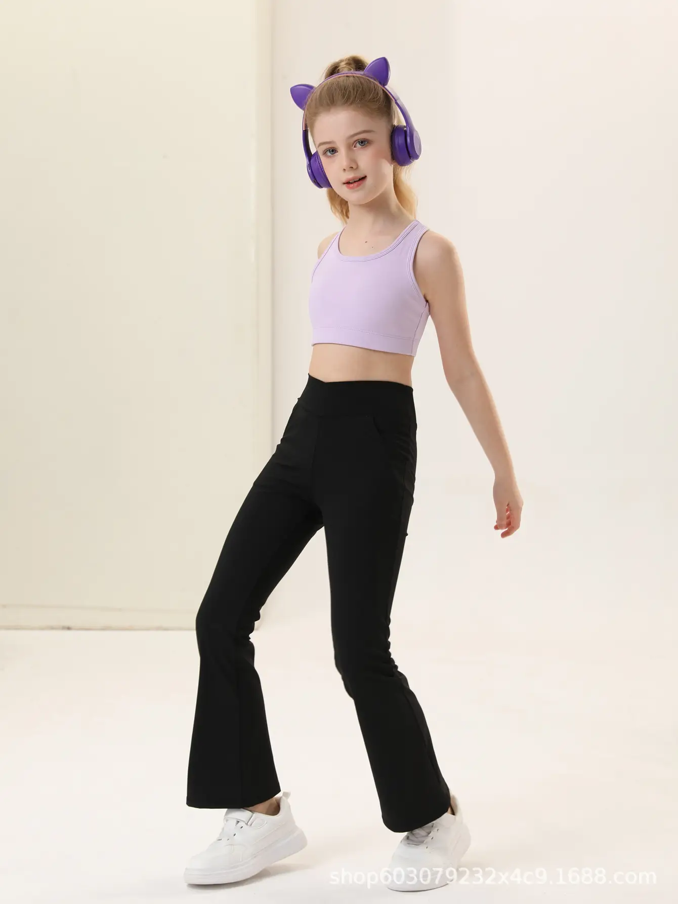 Girls V-Neck Flared Yoga Pants High Waist Sports Leggings Brown — feature 8
