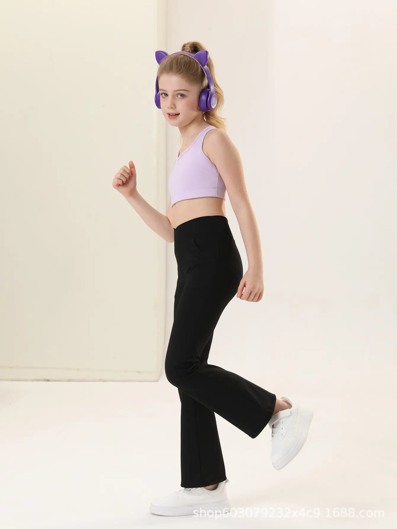 Girls V-Neck Flared Yoga Pants High Waist Sports Leggings Brown — feature 9