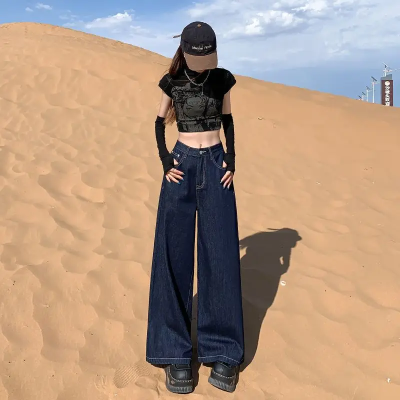 Women Dark Blue Wide Leg Pants High Waist Slim Spring New Jeans