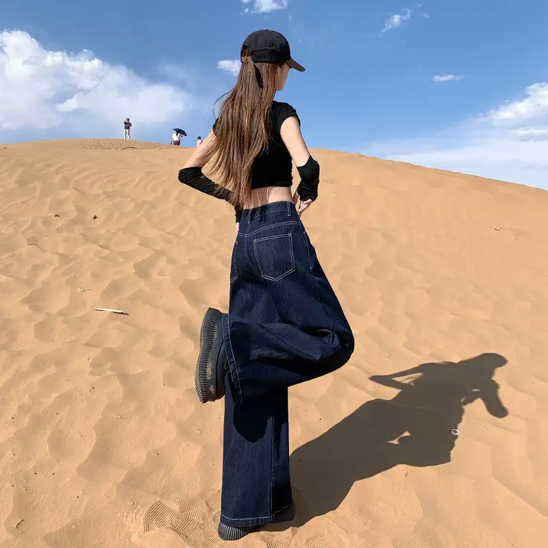 Women Dark Blue Wide Leg Pants High Waist Slim Spring New Jeans
