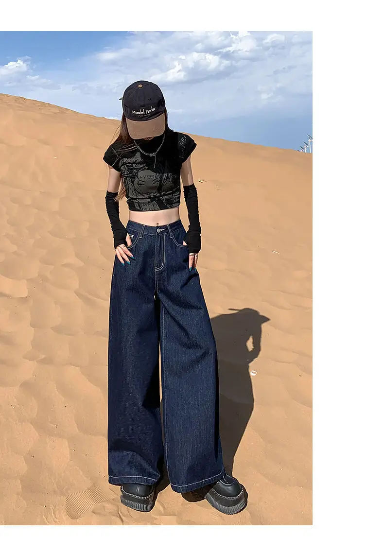 Women Dark Blue Wide Leg Pants High Waist Slim Spring New Jeans — feature 11