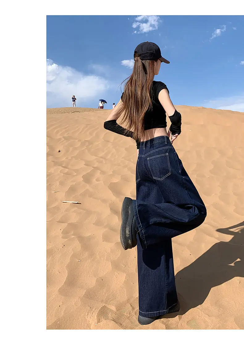 Women Dark Blue Wide Leg Pants High Waist Slim Spring New Jeans — feature 12