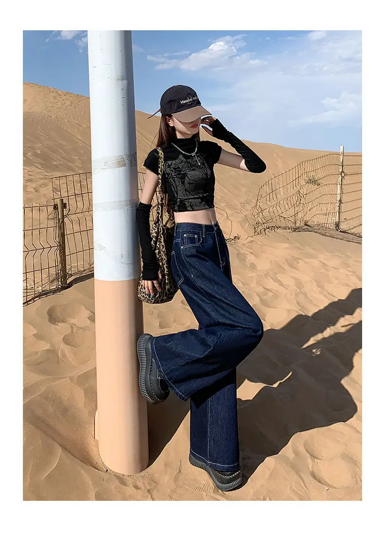 Women Dark Blue Wide Leg Pants High Waist Slim Spring New Jeans — feature 13