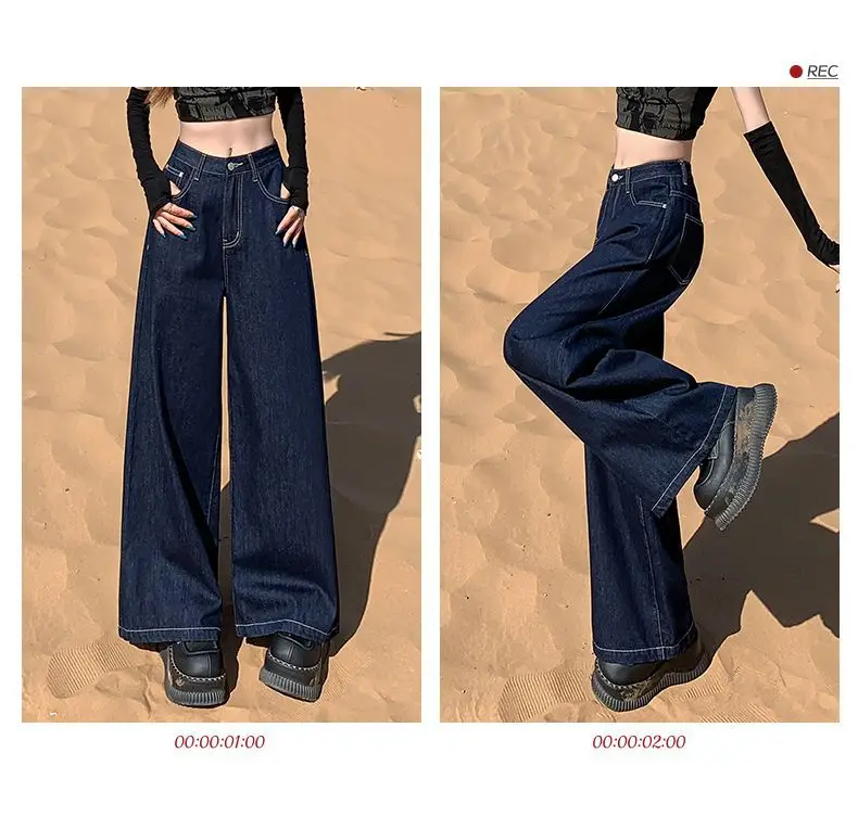 Women Dark Blue Wide Leg Pants High Waist Slim Spring New Jeans — feature 14