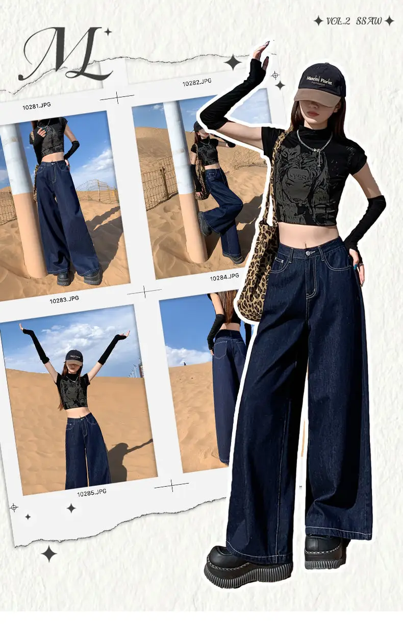 Women Dark Blue Wide Leg Pants High Waist Slim Spring New Jeans — feature 2