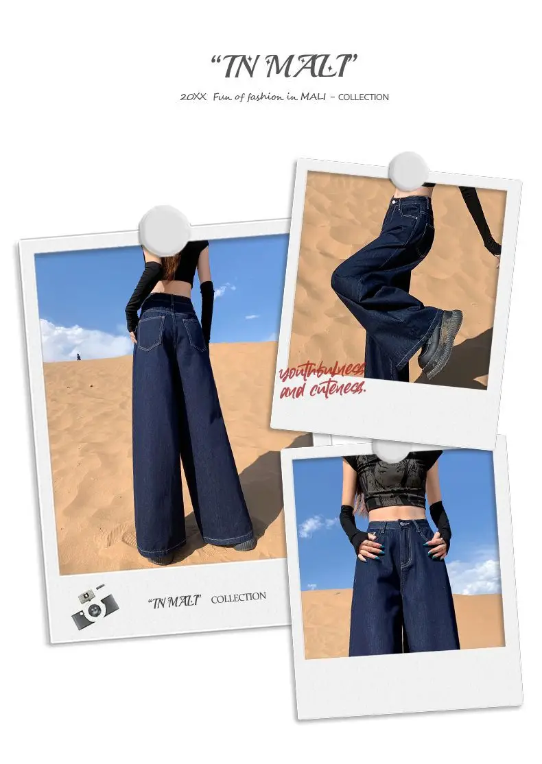 Women Dark Blue Wide Leg Pants High Waist Slim Spring New Jeans — feature 3