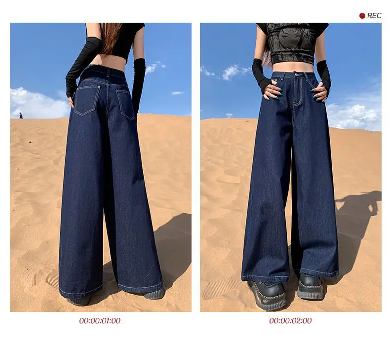 Women Dark Blue Wide Leg Pants High Waist Slim Spring New Jeans — feature 7