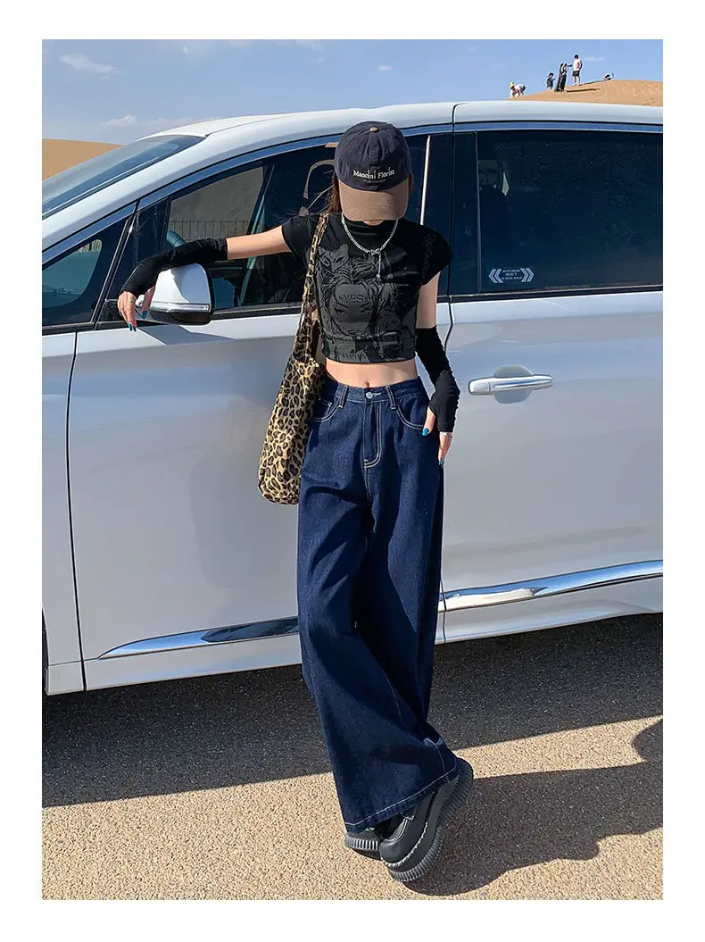 Women Dark Blue Wide Leg Pants High Waist Slim Spring New Jeans — feature 8