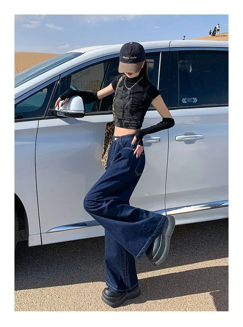 Women Dark Blue Wide Leg Pants High Waist Slim Spring New Jeans — feature 9