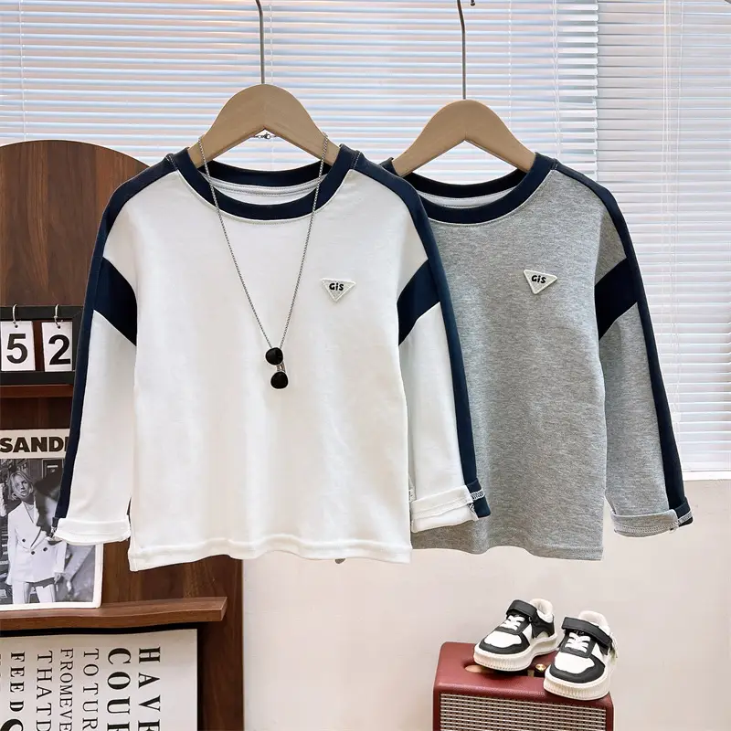 Boys Cotton Long Sleeve T-Shirt White Grey - Image 4