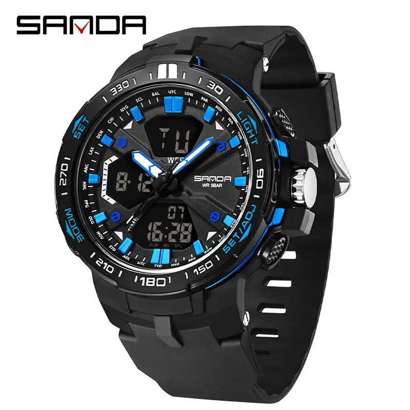 Sanda Men's Black Multi-Function Electronic Watch with Red Dial - Image 7