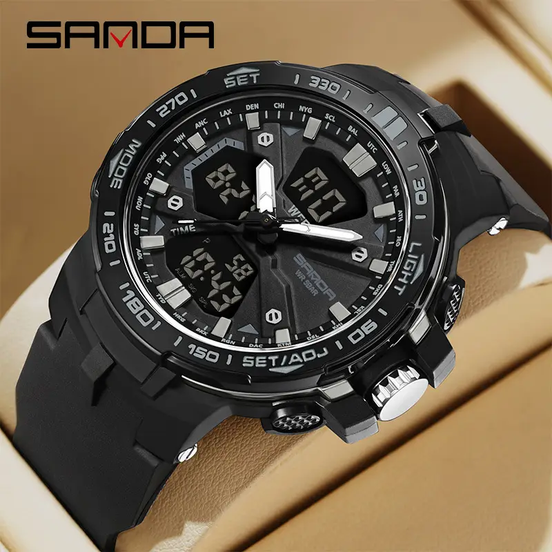 Sanda Men's Black Multi-Function Electronic Watch with Red Dial - Image 9