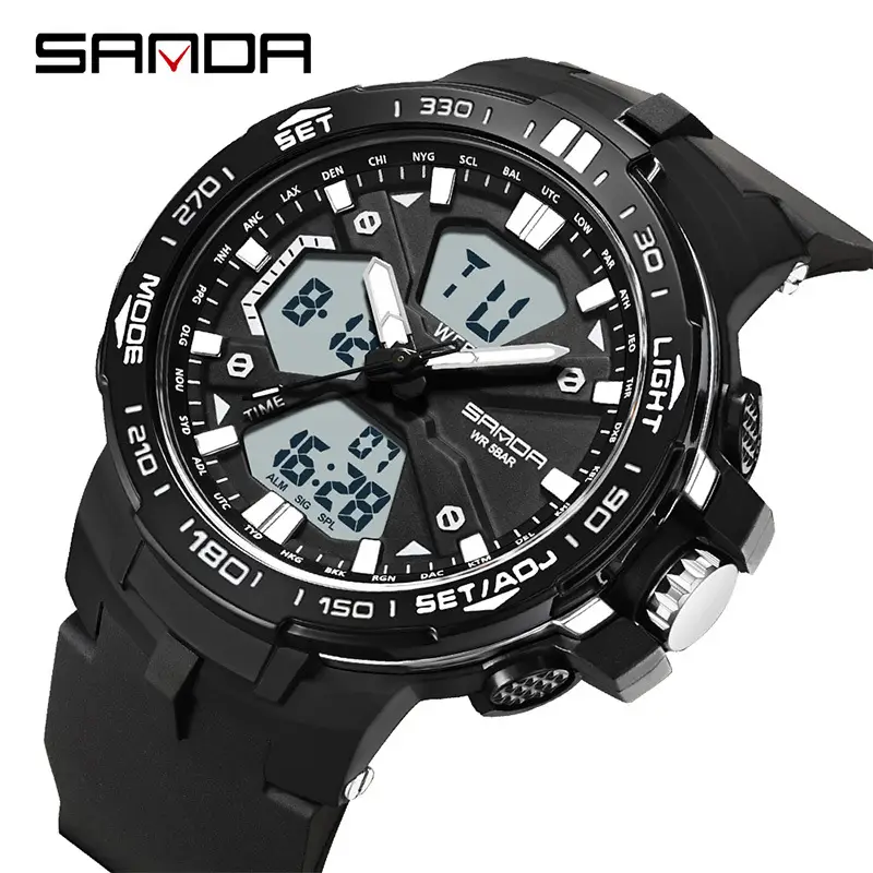 Sanda Men's Black Multi-Function Electronic Watch with Red Dial - Image 11