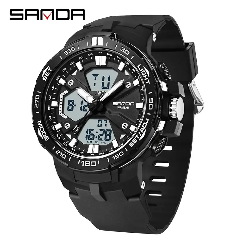 Sanda Men's Black Multi-Function Electronic Watch with Red Dial - Image 2