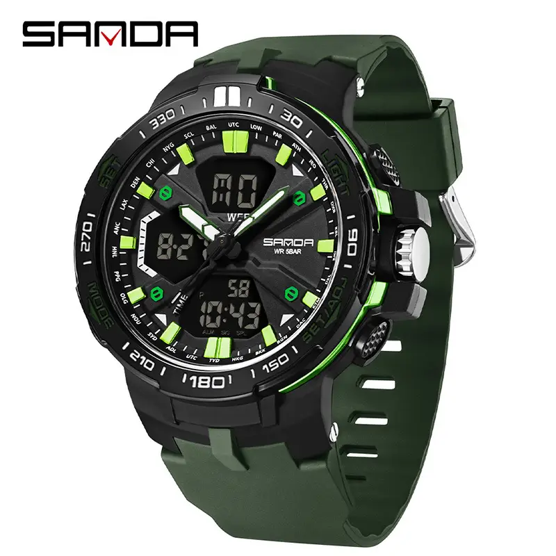Sanda Men's Black Multi-Function Electronic Watch with Red Dial - Image 3
