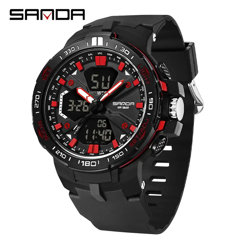 Sanda Men's Black Multi-Function Electronic Watch with Red Dial - Image 4