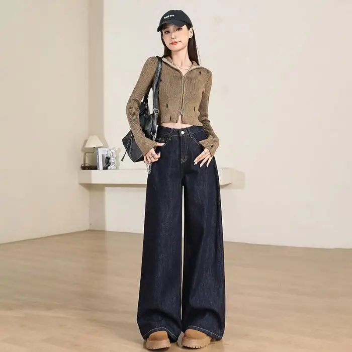 Women's Dark Blue Wide Leg Jeans 2025 Spring