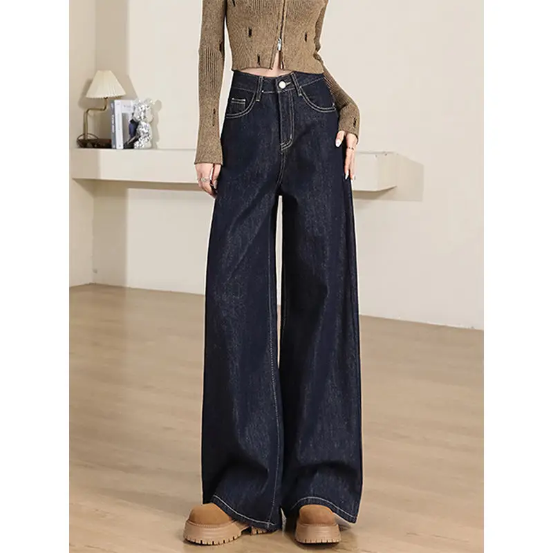 Women's Dark Blue Wide Leg Jeans 2025 Spring