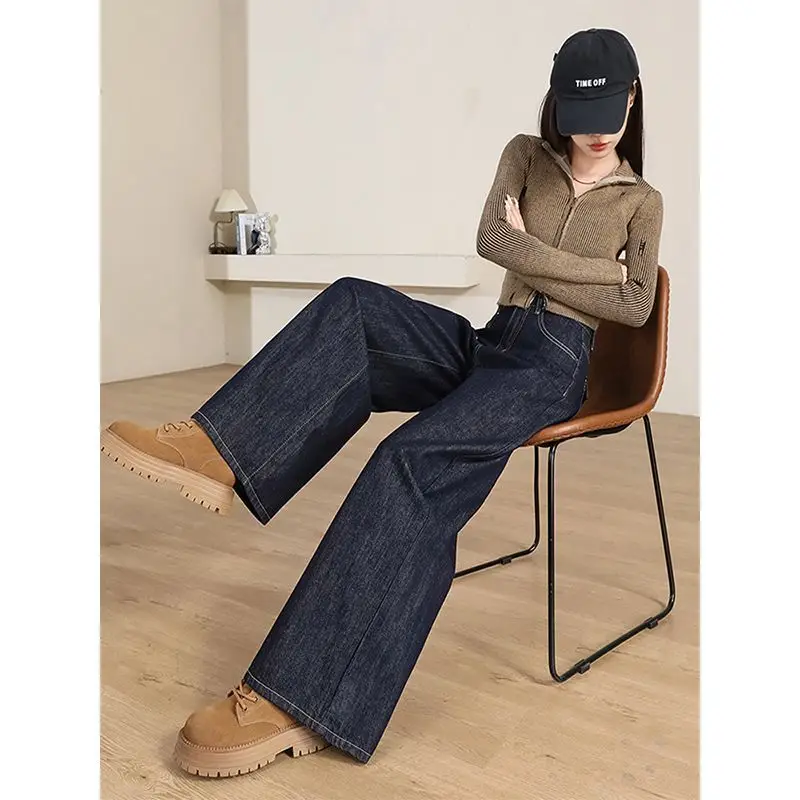 Women's Dark Blue Wide Leg Jeans 2025 Spring