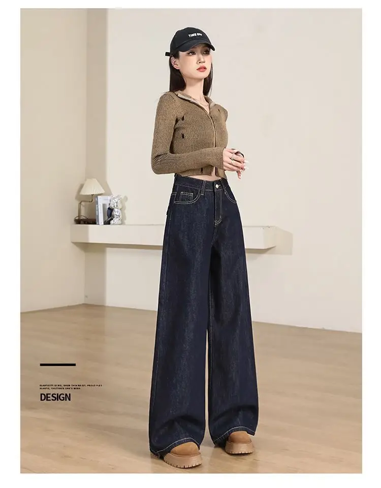 Women's Dark Blue Wide Leg Jeans 2025 Spring — feature 10
