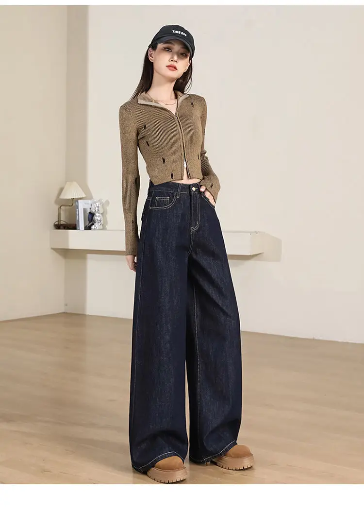 Women's Dark Blue Wide Leg Jeans 2025 Spring — feature 11