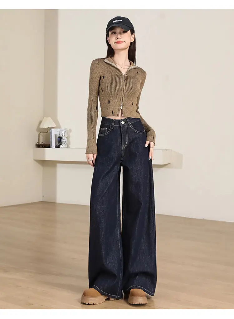 Women's Dark Blue Wide Leg Jeans 2025 Spring — feature 12