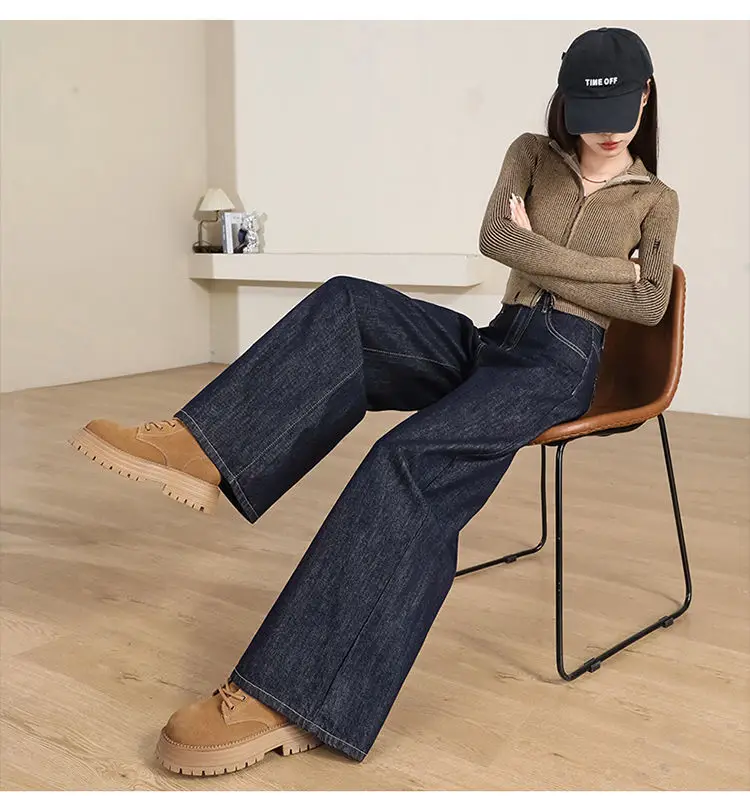 Women's Dark Blue Wide Leg Jeans 2025 Spring — feature 15