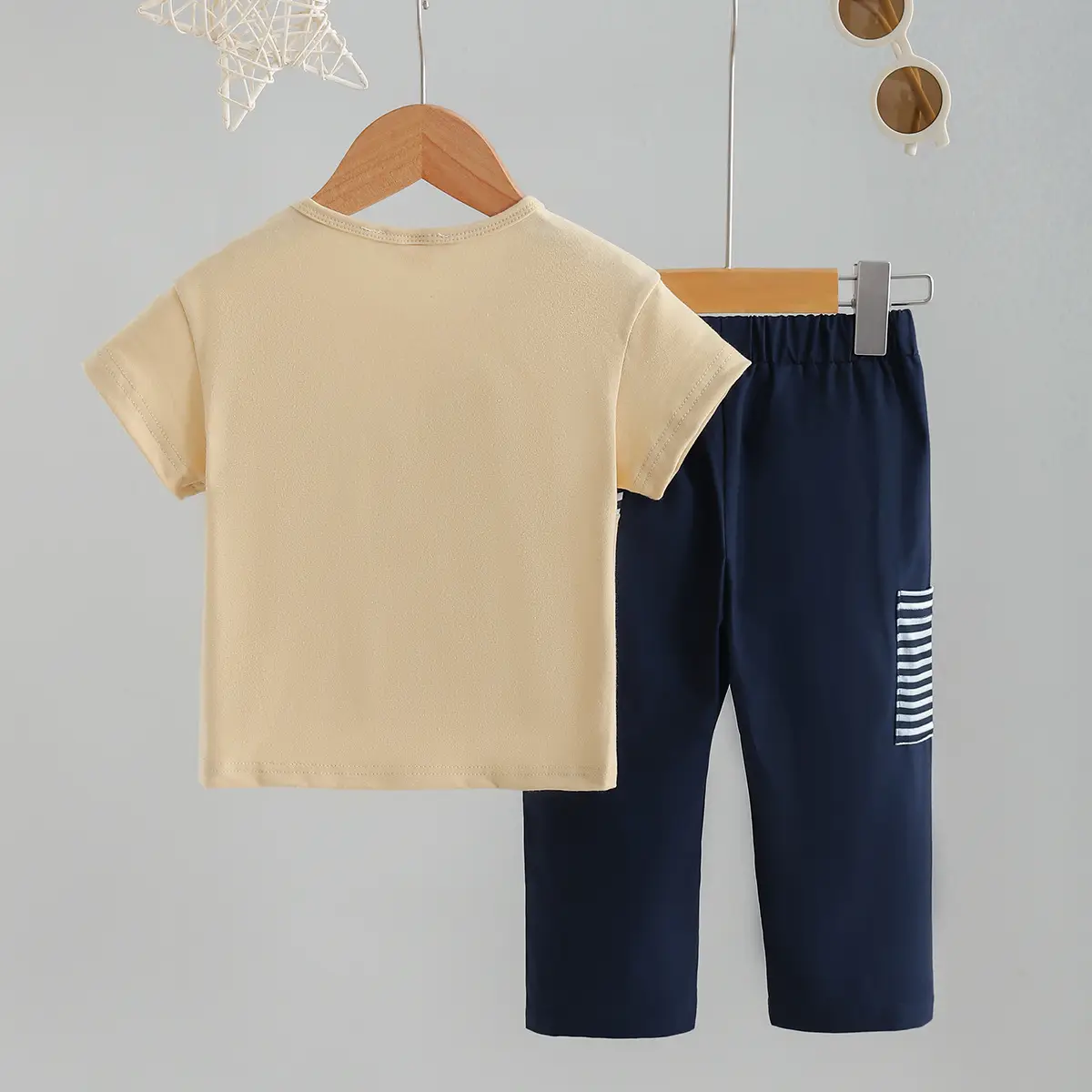 Kids Summer T-Shirt & Pants Set Beige Navy - Image 3