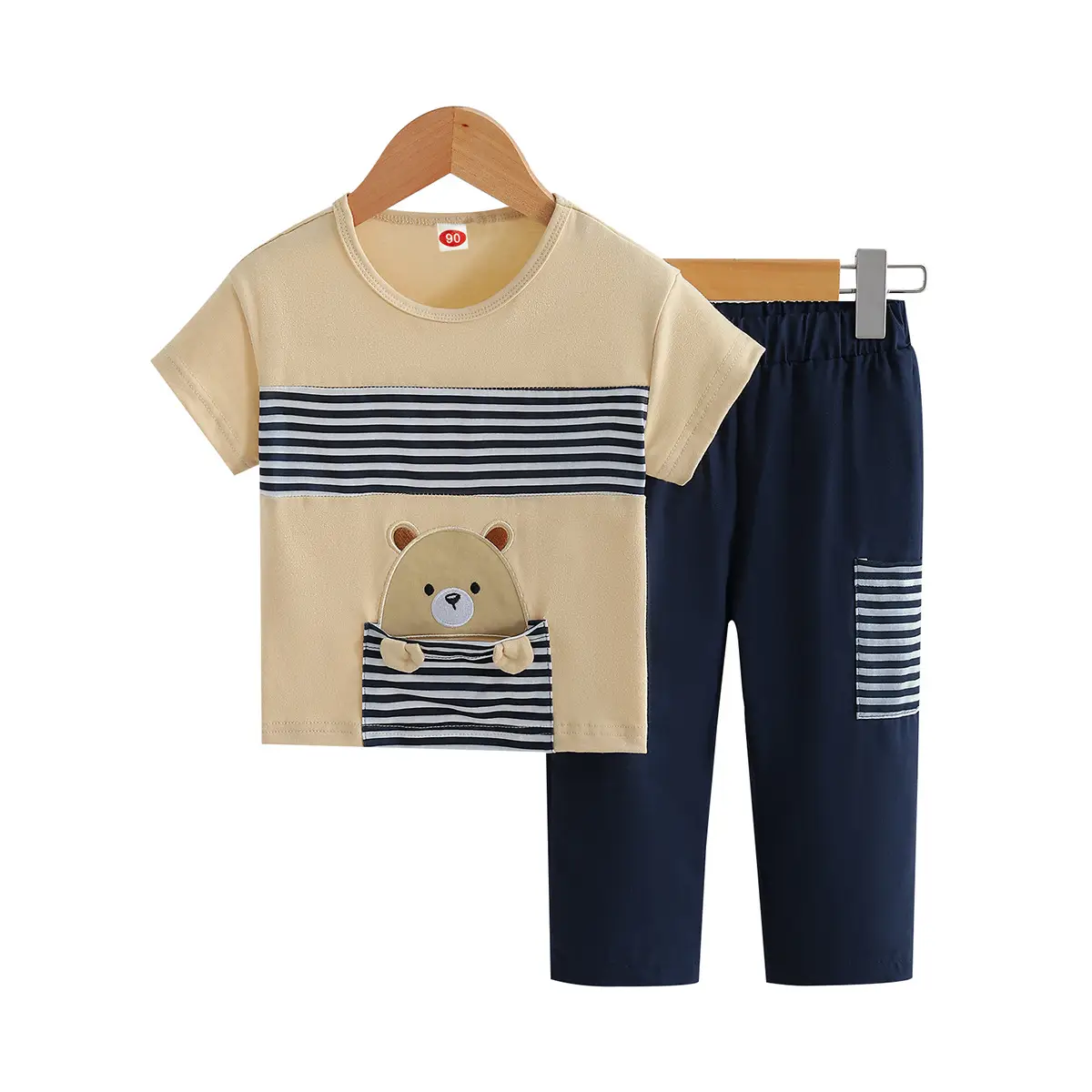 Kids Summer T-Shirt & Pants Set Beige Navy - Image 6