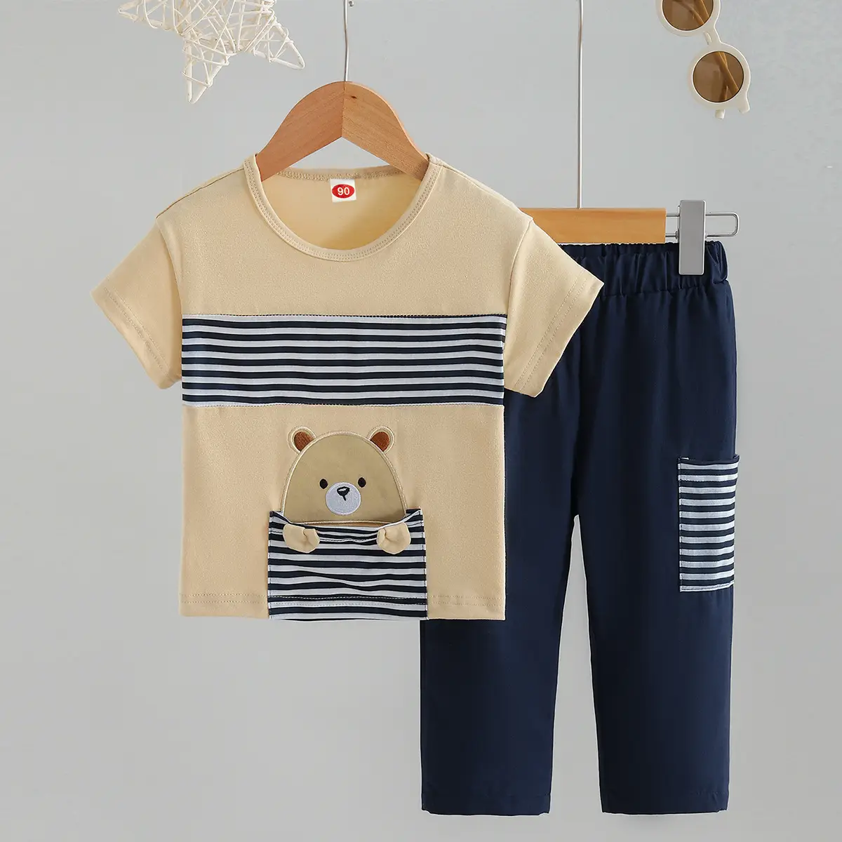 Kids Summer T-Shirt & Pants Set Beige Navy — feature 2
