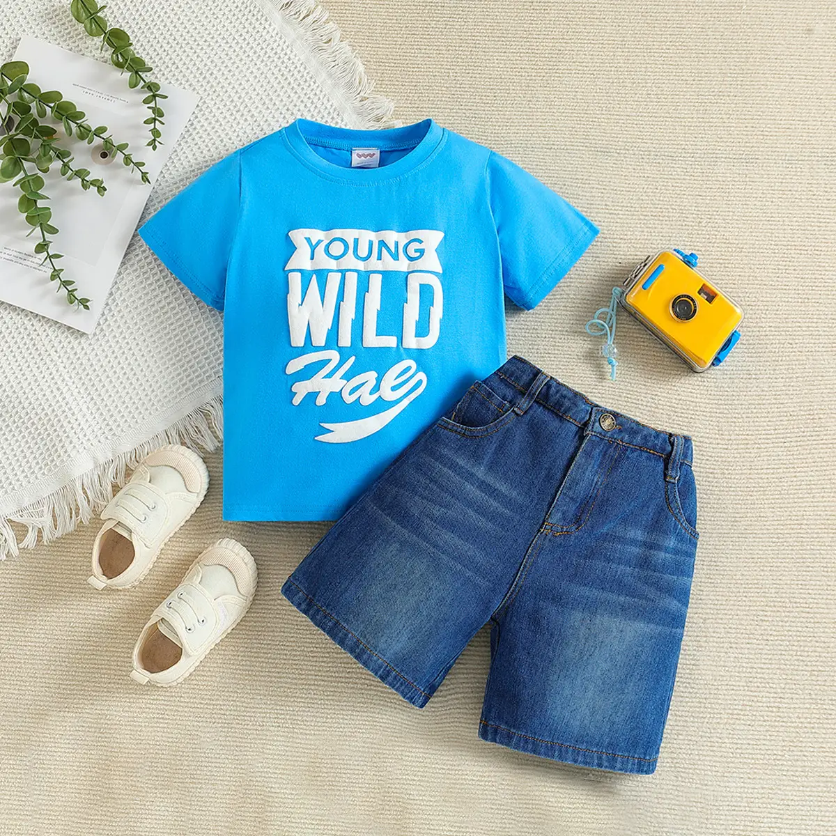 Blue T-Shirt + Denim Shorts for Boys Summer Casual Set