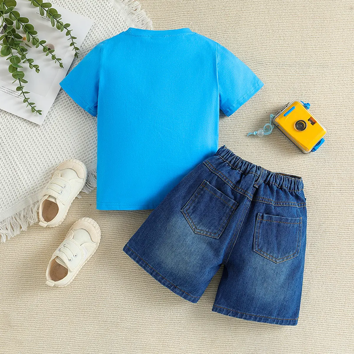 Blue T-Shirt + Denim Shorts for Boys Summer Casual Set - Image 2