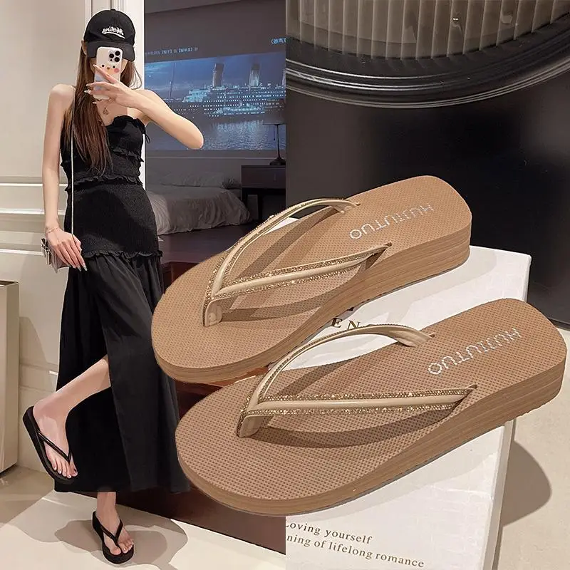 Women's Rhinestone Flip Flops Beach Slippers Mid-Heel Wedge - Image 5