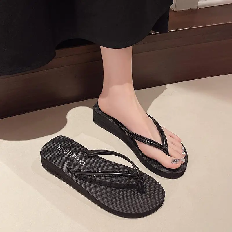 Women's Rhinestone Flip Flops Beach Slippers Mid-Heel Wedge - Image 6