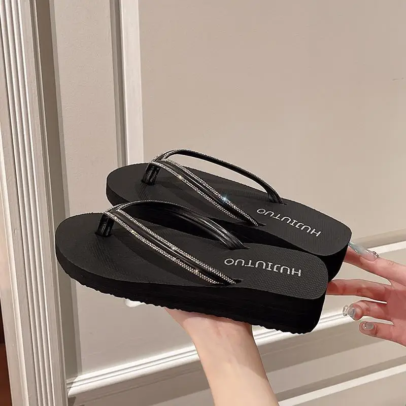 Women's Rhinestone Flip Flops Beach Slippers Mid-Heel Wedge - Image 7
