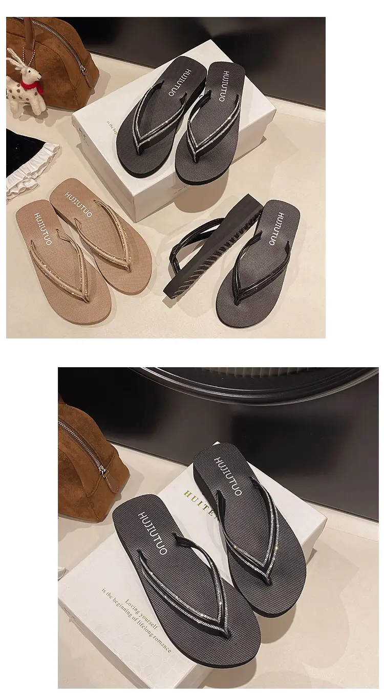 Women's Rhinestone Flip Flops Beach Slippers Mid-Heel Wedge — feature 12