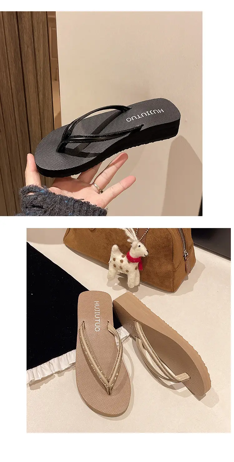 Women's Rhinestone Flip Flops Beach Slippers Mid-Heel Wedge — feature 15