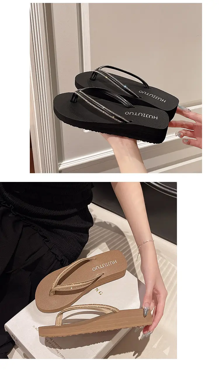 Women's Rhinestone Flip Flops Beach Slippers Mid-Heel Wedge — feature 4