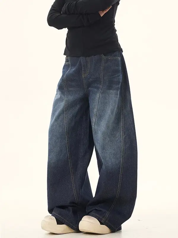 American Retro Vintage Dark Blue Scimitar Jeans Men Women Wide Leg Pants