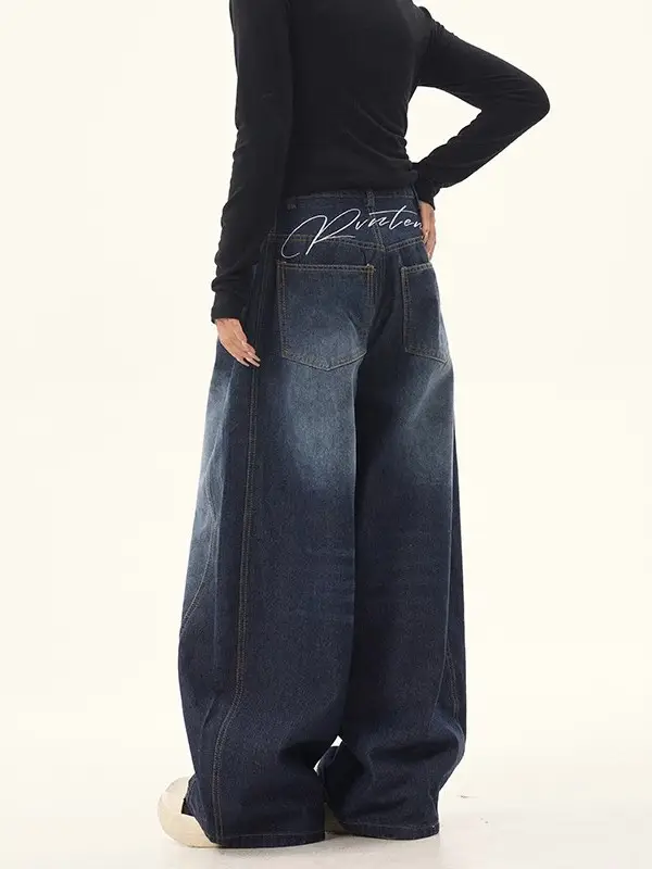 American Retro Vintage Dark Blue Scimitar Jeans Men Women Wide Leg Pants