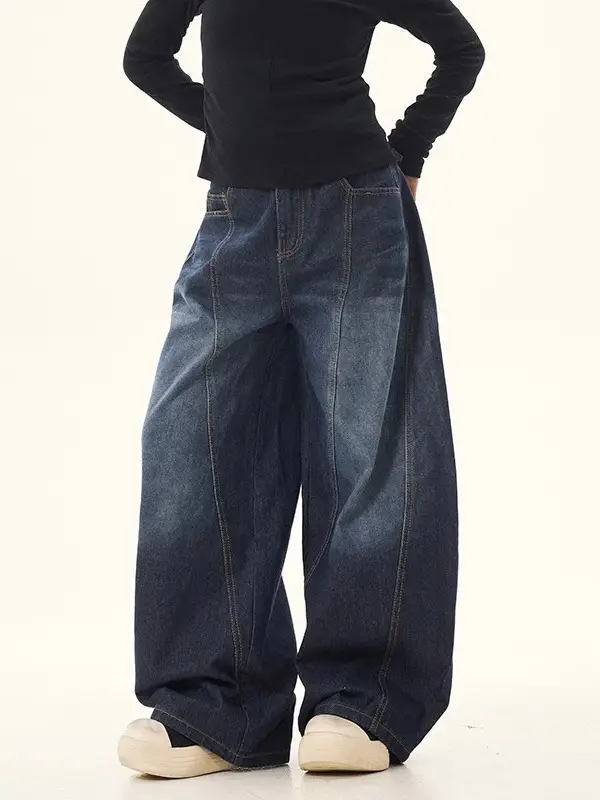 American Retro Vintage Dark Blue Scimitar Jeans Men Women Wide Leg Pants