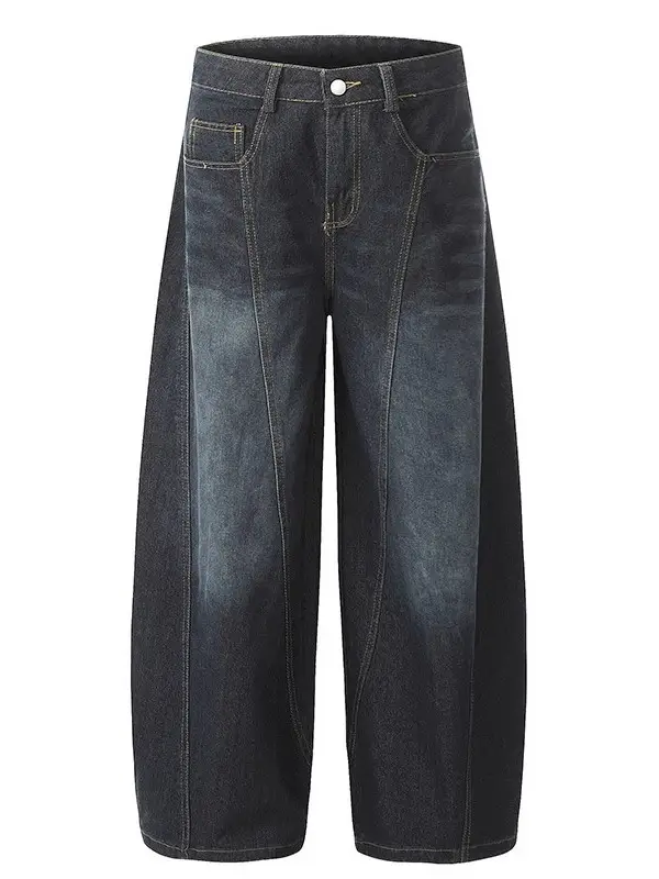 American Retro Vintage Dark Blue Scimitar Jeans Men Women Wide Leg Pants