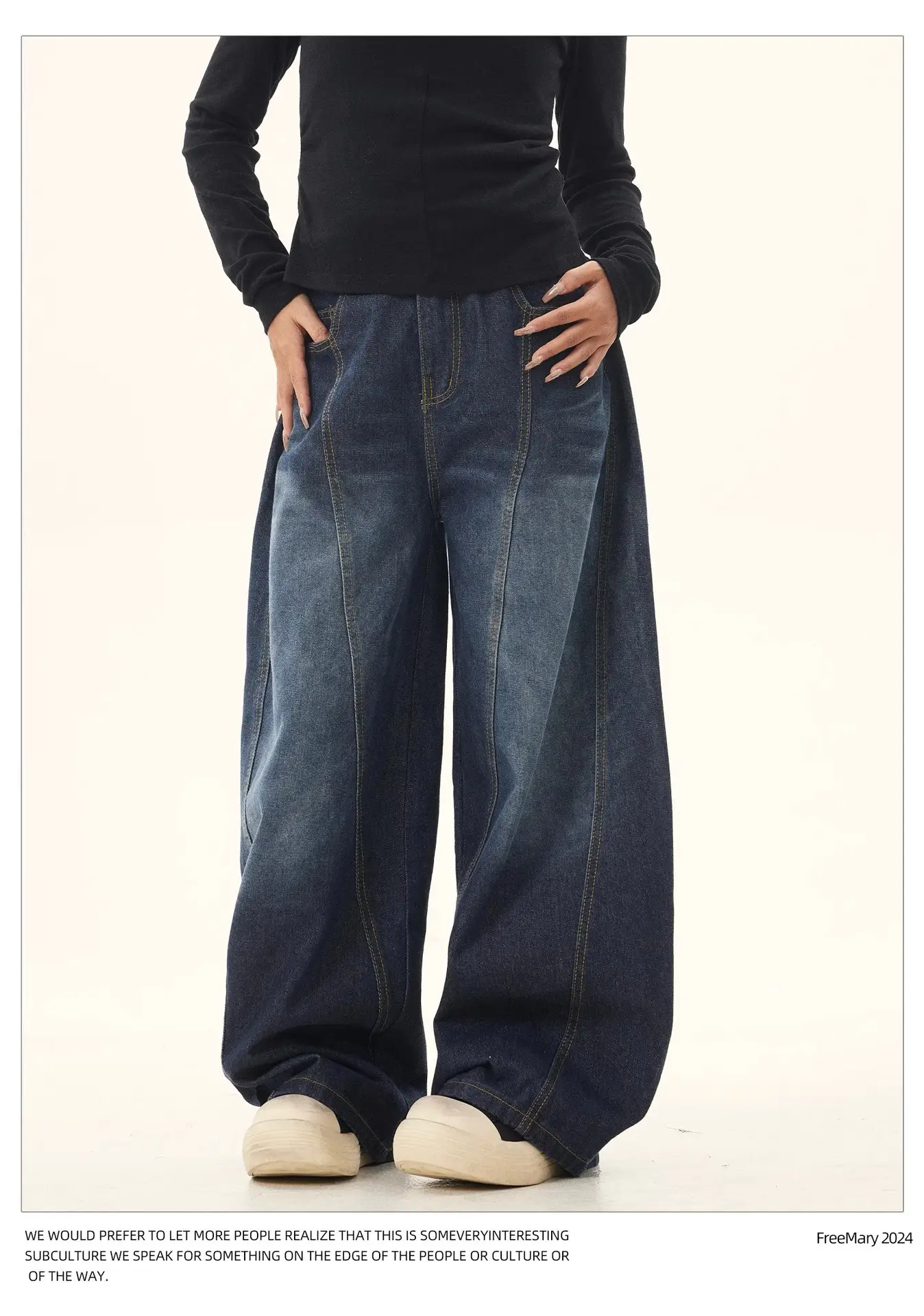 American Retro Vintage Dark Blue Scimitar Jeans Men Women Wide Leg Pants — feature 10