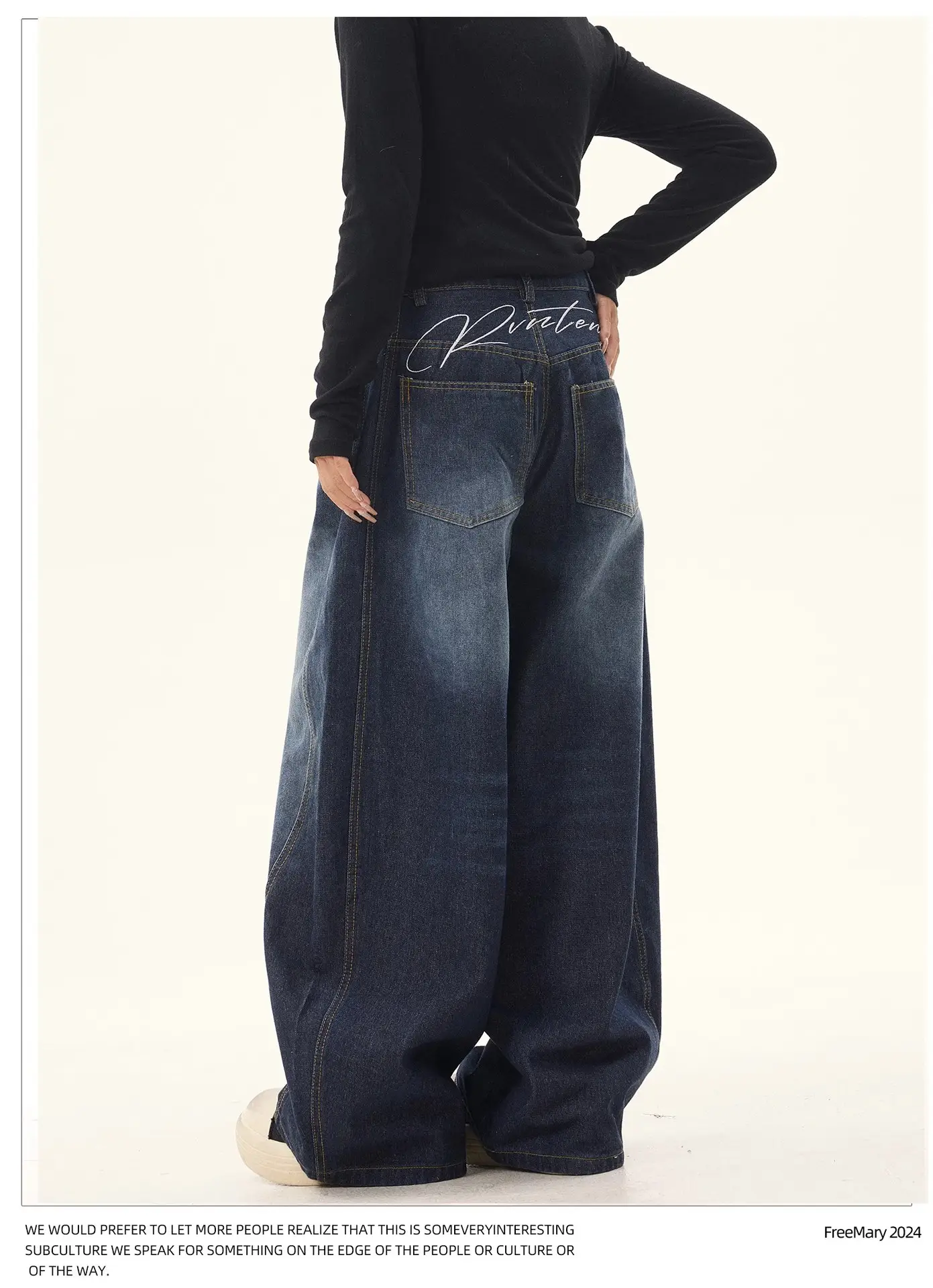 American Retro Vintage Dark Blue Scimitar Jeans Men Women Wide Leg Pants — feature 11